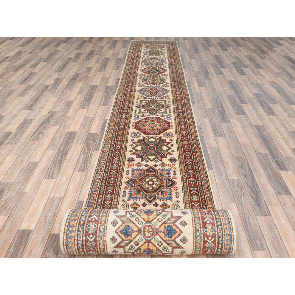 Ivory, Afghan Super Kazak, Soft Wool Hand Knotted, XL Runner Rug, 2'9"x35'8"