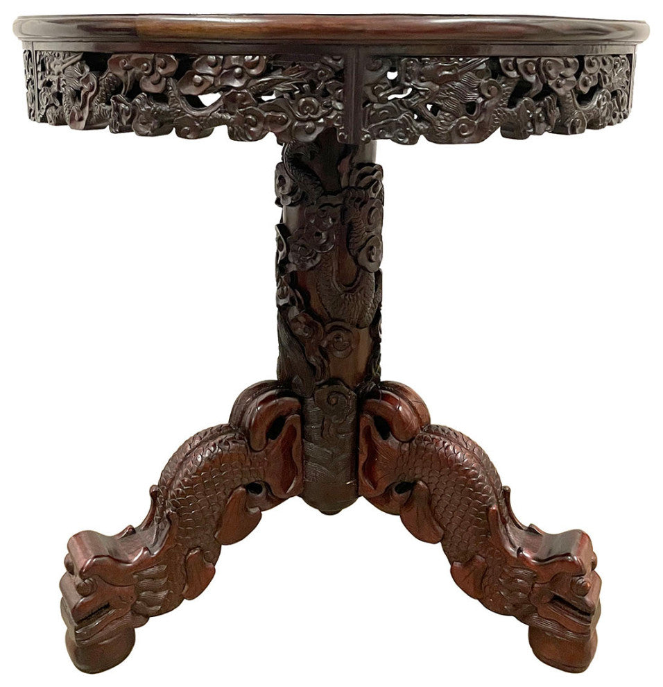Consigned 20 Century Chinese Marble Top Hardwood Carved Round Dinning Table set