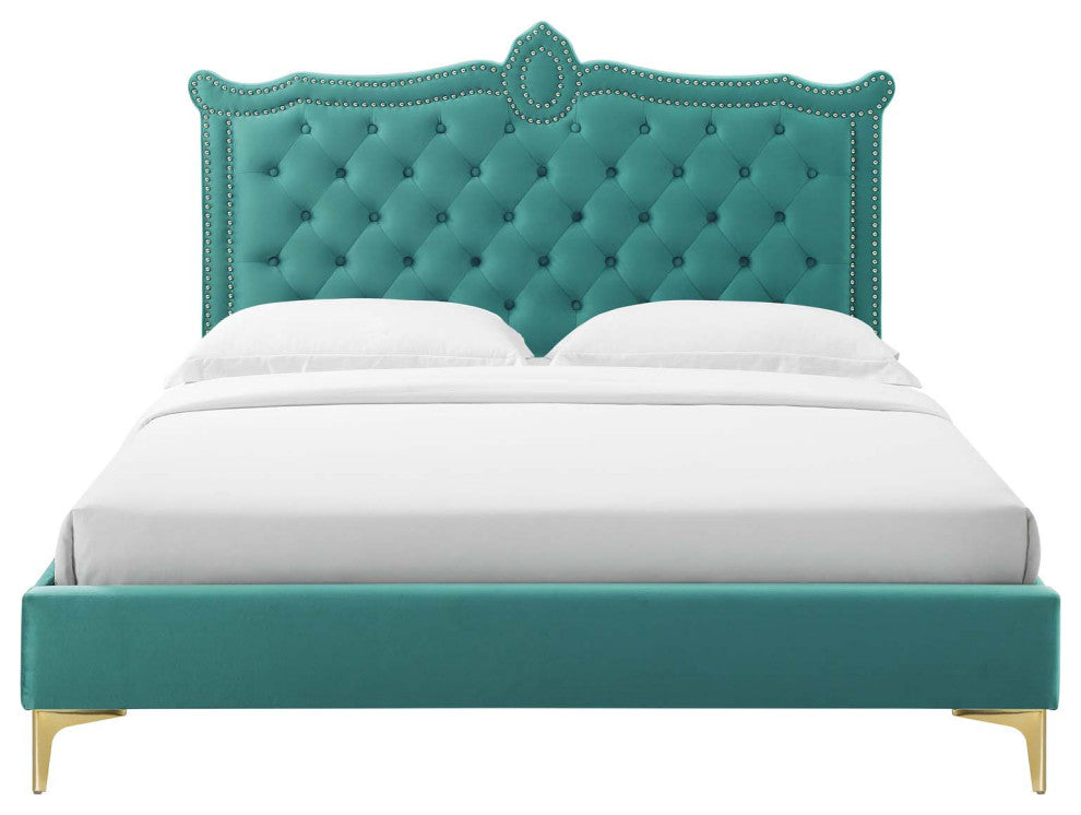 Platform Bed Frame, Nailhead, Queen Size, Teal Blue, Velvet, Modern