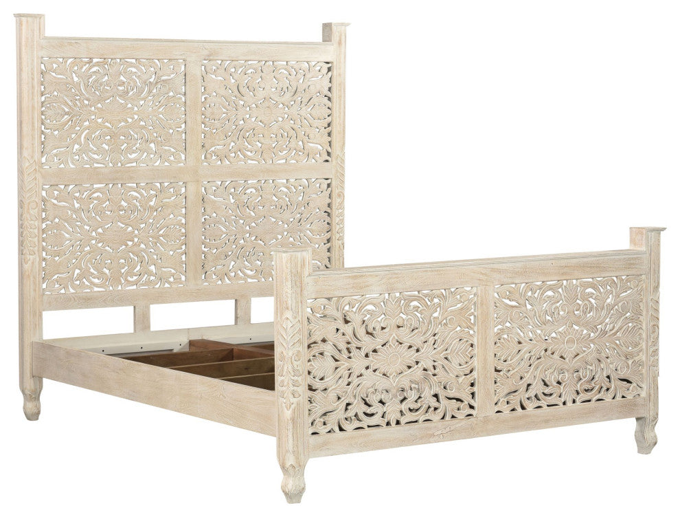 Delaney Floral Carved Bed, Sand White, Queen