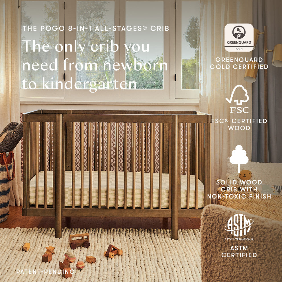 Pogo 8-in-1 Convertible Crib With All-Stages Conversion Kits, Natural Walnut