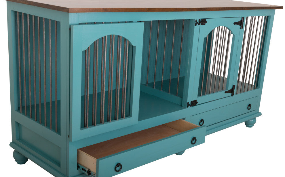 Large Double Wide Dog Crate Credenza, Sassy Olive and Concord Cherry