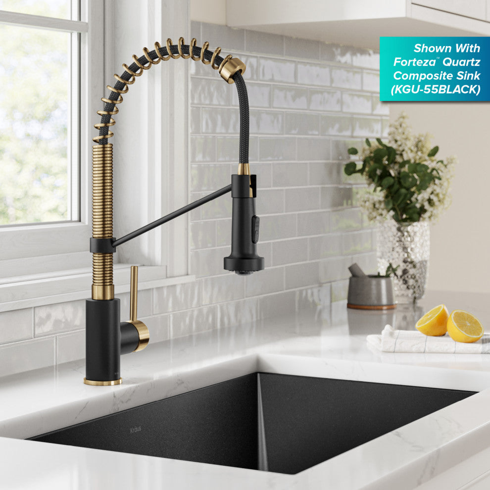 Bolden Commercial Style 2-Function Pull-Down 1-Handle 1-Hole Kitchen Faucet, Brushed Brass/ Matte Black