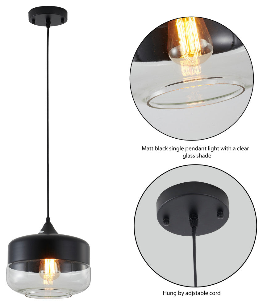 1-Light 10" Matte Black Metal Pendant With A Glass Shade