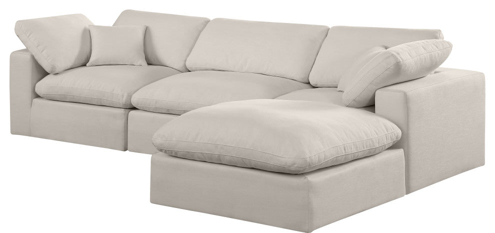 Comfy Upholstered L-Shaped Modular Sectional, Beige, 4-Piece: 1 Armless Chair, 2 Corner Chair, 1 Ottoman, Linen Textured Fabric