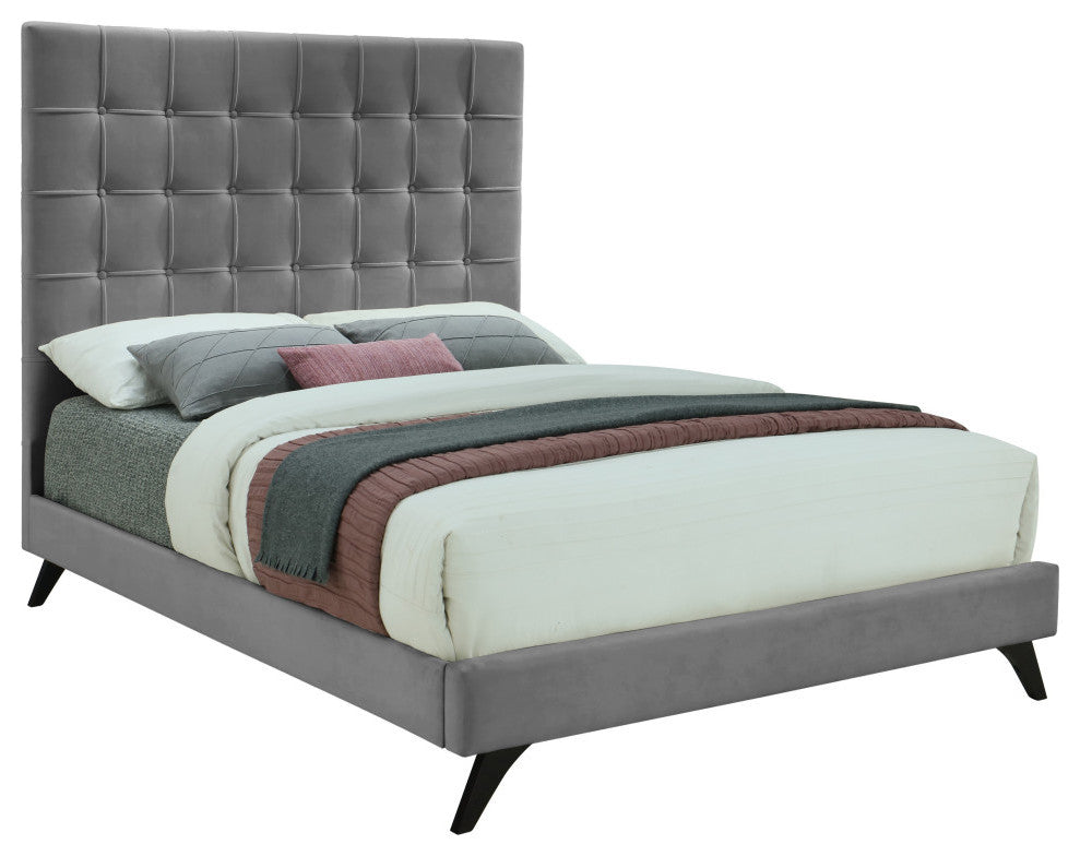 Elly Velvet Upholstered Bed, Gray, Queen