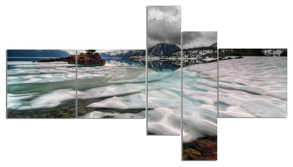Frozen Mountain Lake Shore, Large Landscape Canvas Art, 60"x32", 5 panels