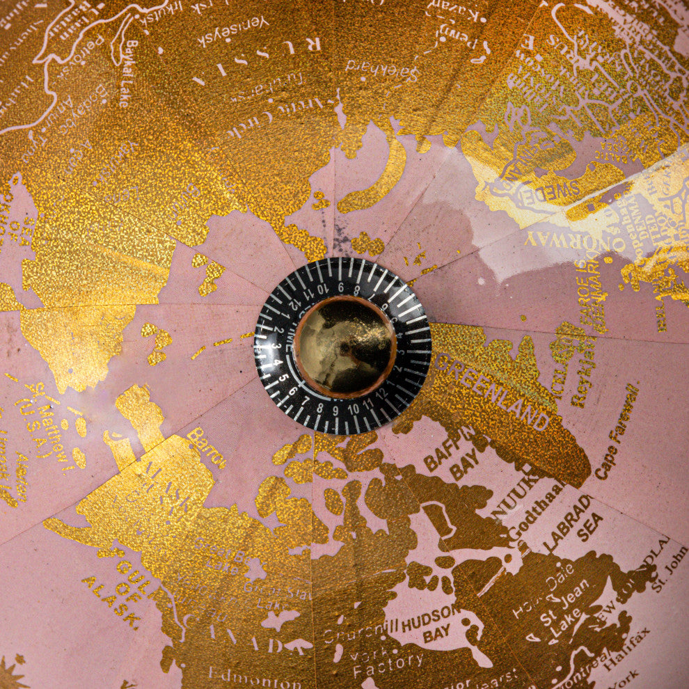 Metal and Plastic Globe on Mango Wood Stand, Pink, Gold, and Natural