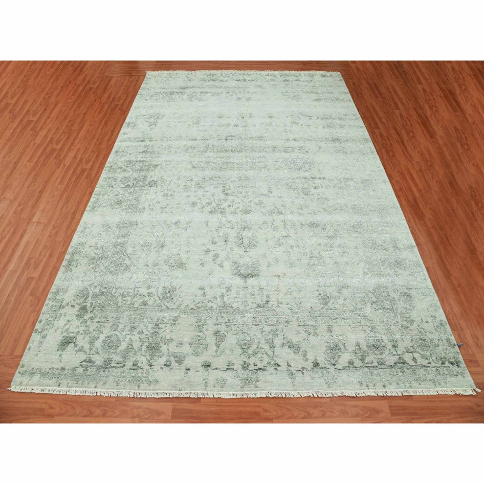 Gray, Wool and Silk Hand Knotted, Persian Erased Heriz Design Rug, 9'10"x14'3"