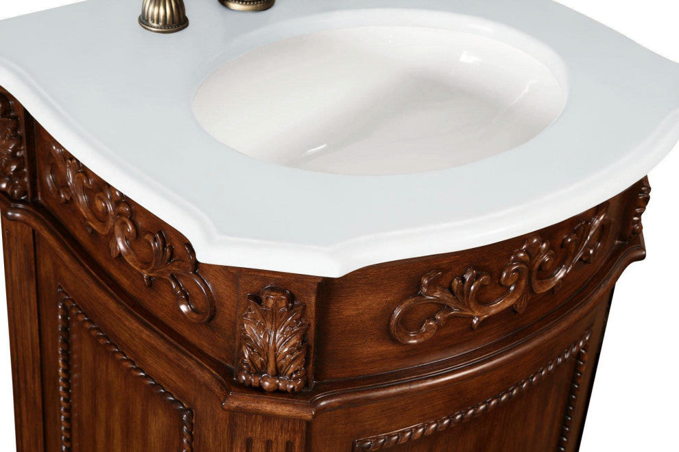 24" Single Bathroom Vanity, Brown With Ivory White Engineered Marble Top