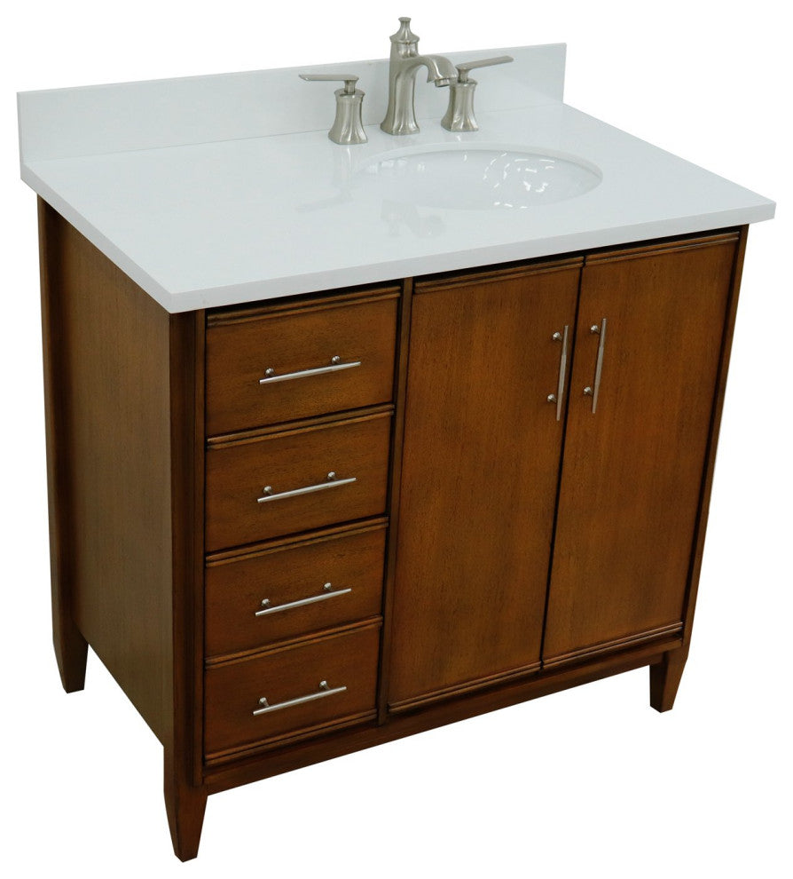 37" Single Vanity, Walnut Finish With White Engineered Stone Top