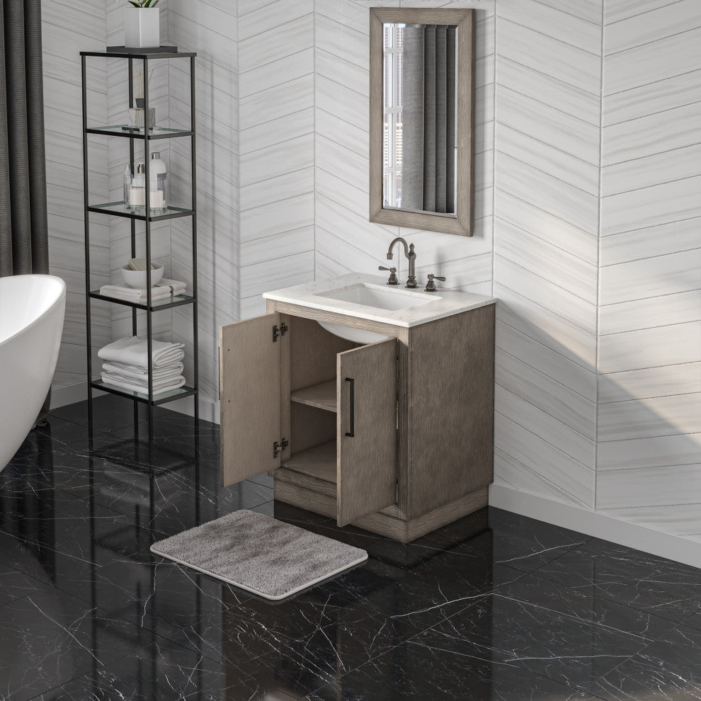Hugo Carrara White Marble Countertop Bathroom Vanity in Grey Oak, Bronze Handle, 30", Vanity With Mirror