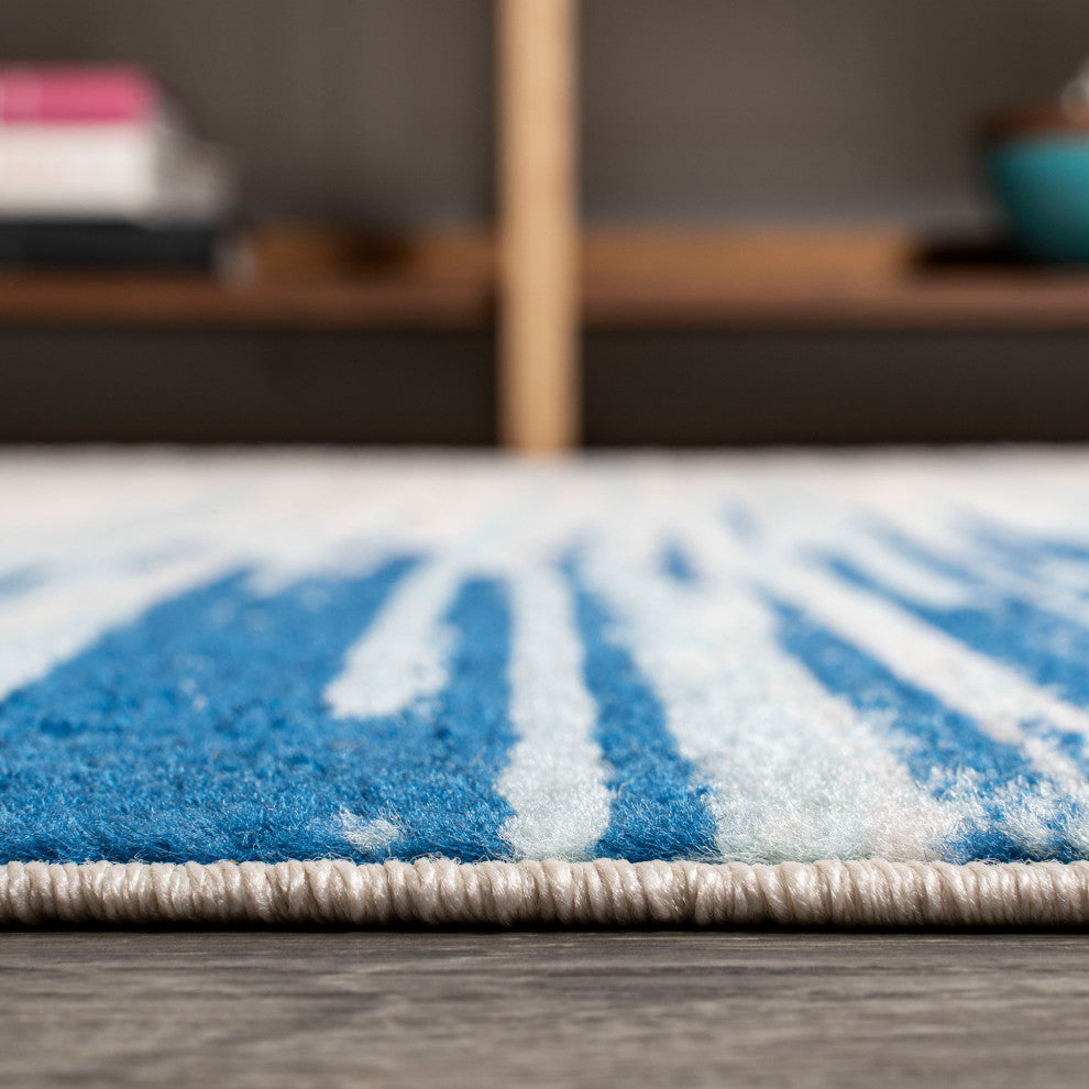 Linear Modern Half-Stripe Area Rug, Blue/Cream, 4 X 6