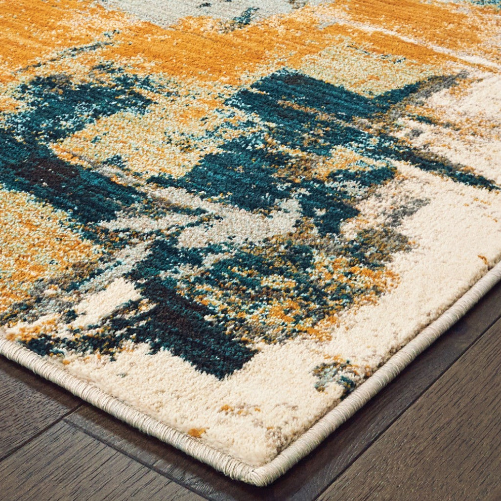8??11??Blue And Gold Abstract Strokes Area Rug