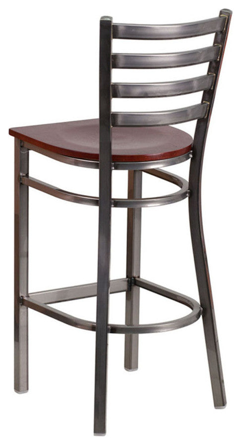 Clear Coated Ladder Back Metal Restaurant Barstool, Mahogany Wood Seat