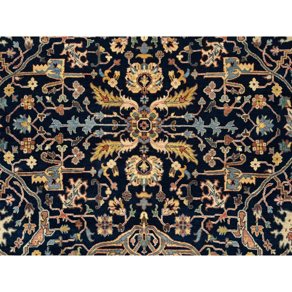 Midnight Blue Antiqued Heriz Soft Wool Hand Knotted Oriental Rug, 8'1"x10'1"