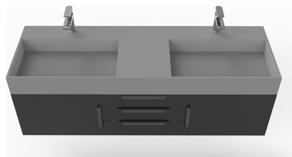 CastelloUSA Amazon 60" Wall Mounted Bathroom Vanity Set, Black, Gray Top, Black Handles