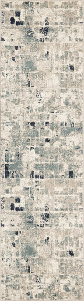 2"x8" Beige Blue Abstract Tiles Distressed Runner Rug