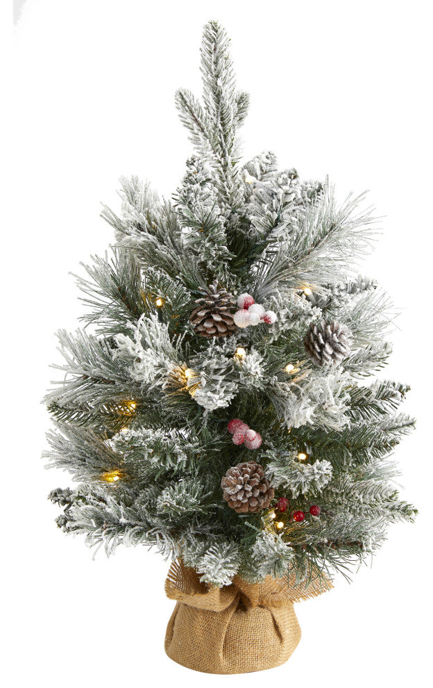 2' Flocked Faux Xmas Tree W/30 Lights, 73 Bendable Branches, Pinecones & Berries