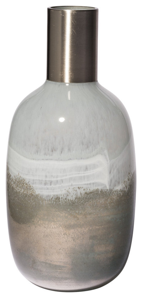 16" Cream and Brown Ombre Glass Vase With Dark Bronze Top