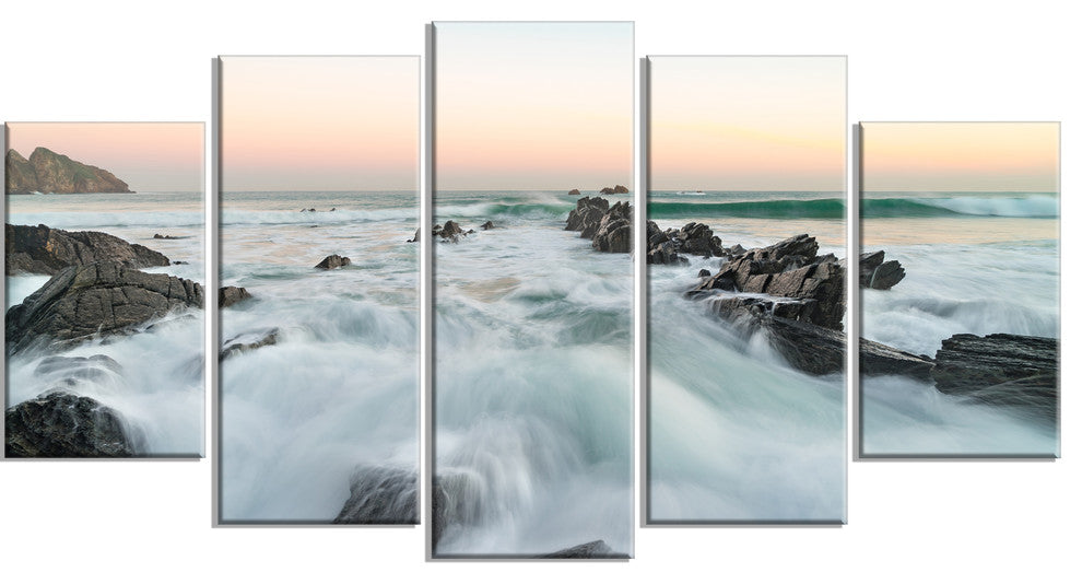 "Bay of Biscay Sunrise Waves" Extra Large Wall Art Landscape, 5 Panels, 60"x32"