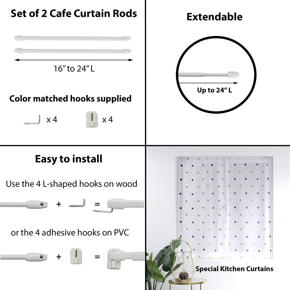 Bundle 2 Cafe Curtain Rods and 4 Self Adhesive Hooks, White, 16" to 24"