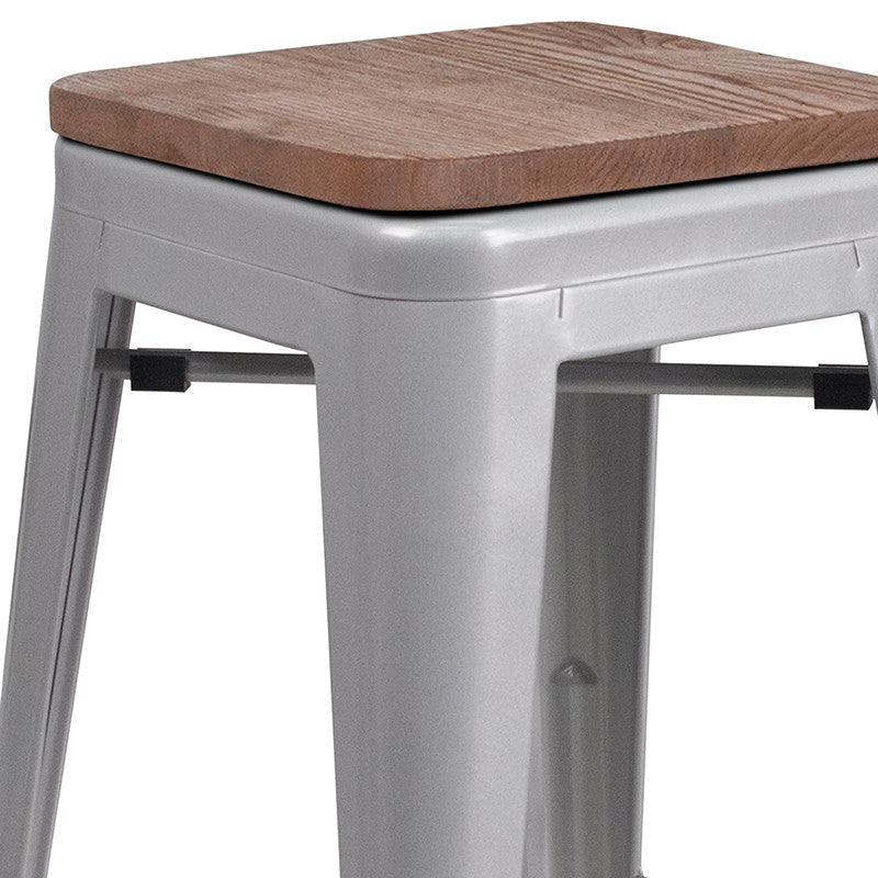 30" High Backless Silver Metal Barstool With Square Wood Seat