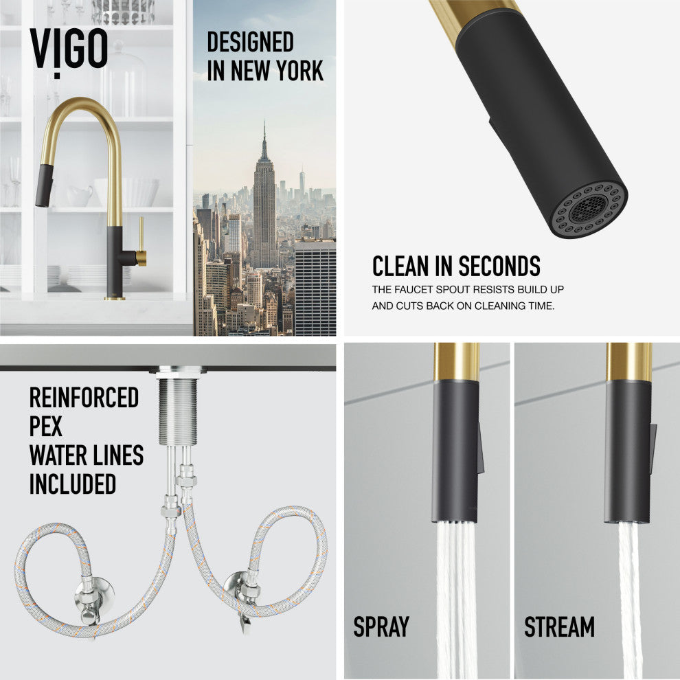 VIGO Greenwich 18" H Single Handle Pull-Down Sprayer Kitchen Faucet, Matte Brushed Gold/Matte Black, No Sensor, Without Extras