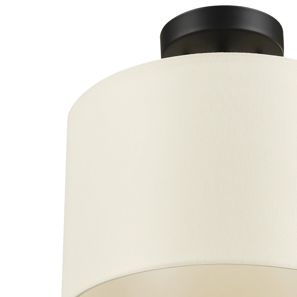 Jonas 1-Light Matte Black Flush Mount Ceiling Light with Beige Linen Shade