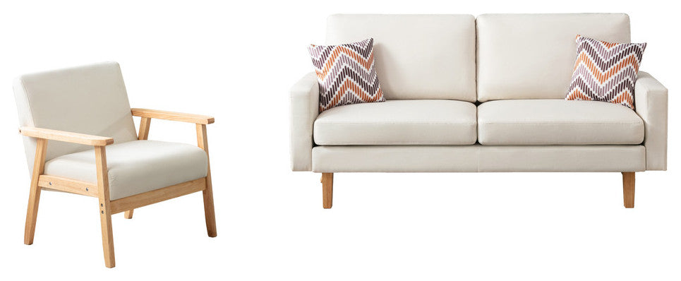 Bahamas Linen Sofa and Chair Set With 2 Throw Pillows, Beige