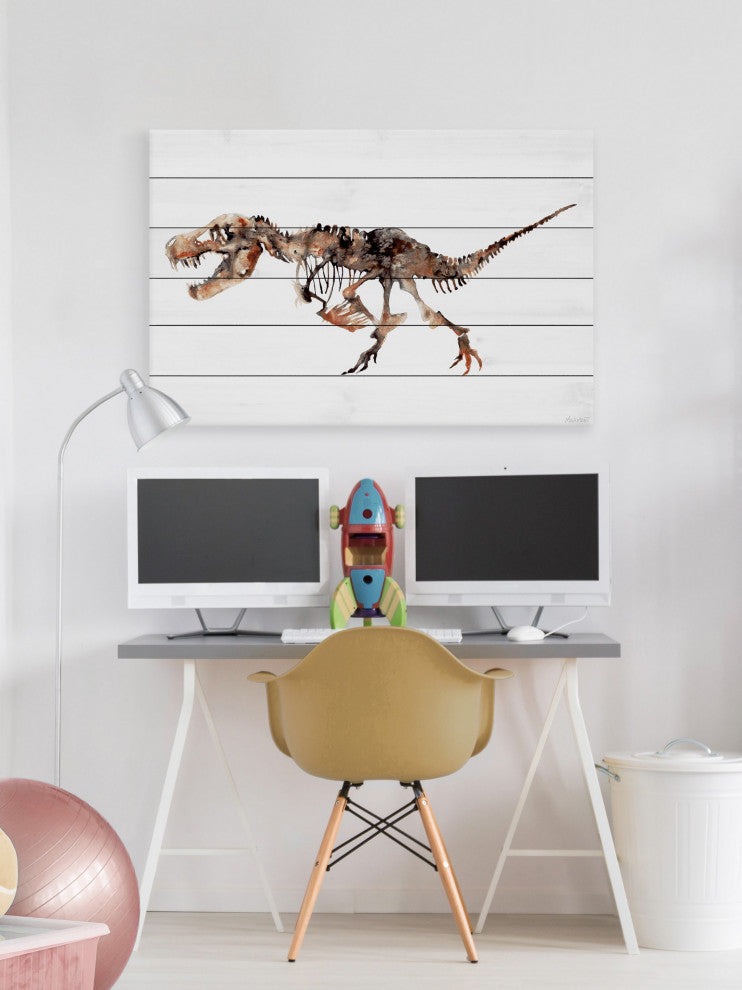 "Big T-Rex Skeleton" Painting Print on White Wood, 18x12