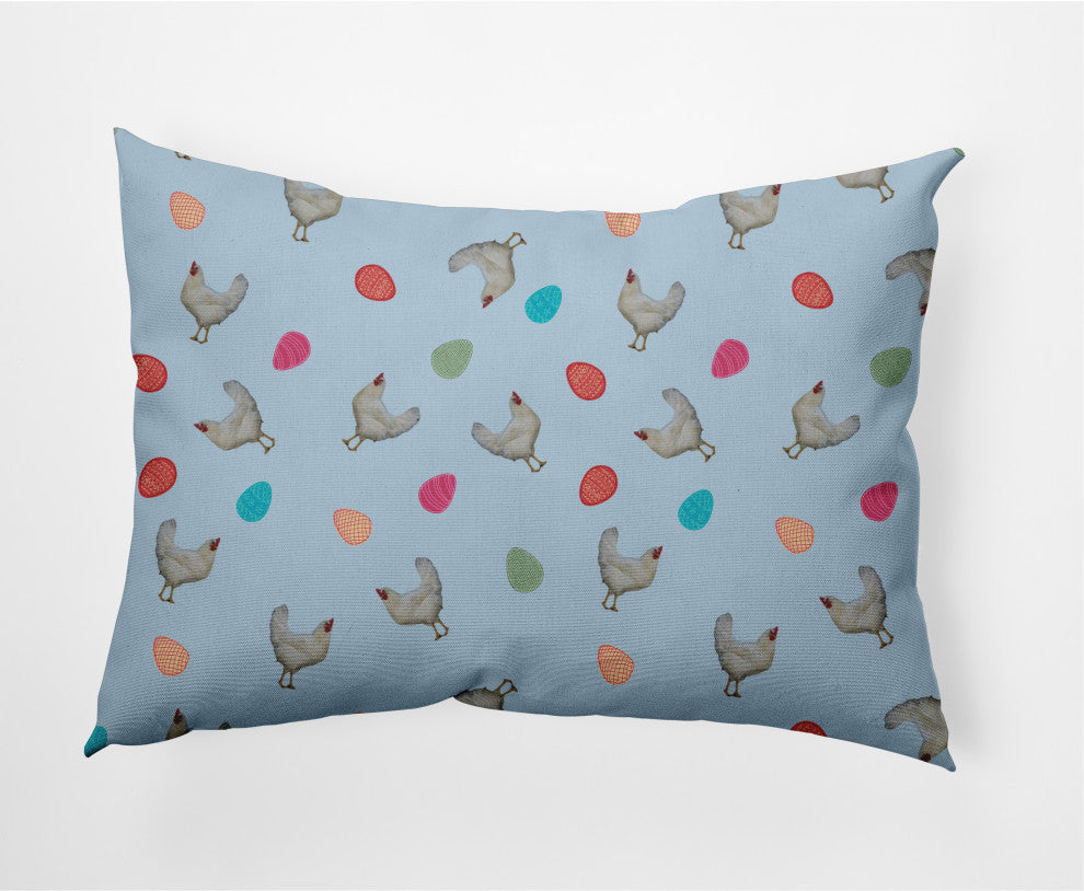 Chickens and Eggs Easter Indoor/Outdoor Lumbar Pillow, After Rain Blue, 14x20"