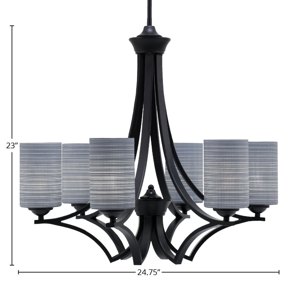 Zilo 6 Light Chandelier, Matte Black Finish With 4" Gray Matrix Glass