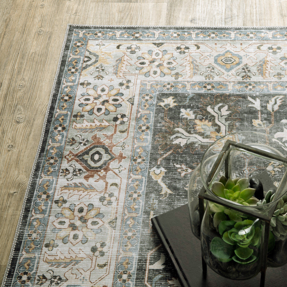 Celestia Machine Washable Vintage Indoor Area Rug, Charcoal, 2'x3'