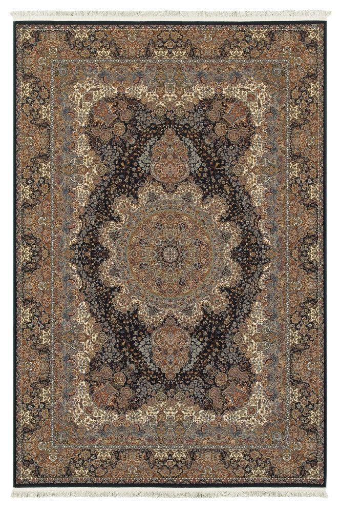 Mackenzie Intricate Medallion Dark Blue/ Multi Fringed Area Rug, 9''10"X12''10"