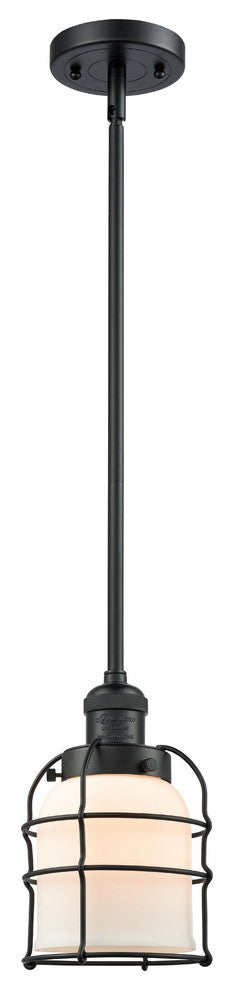 Small Bell Cage 1-Light LED Mini Pendant, Matte Black, Glass: Matte White Cased