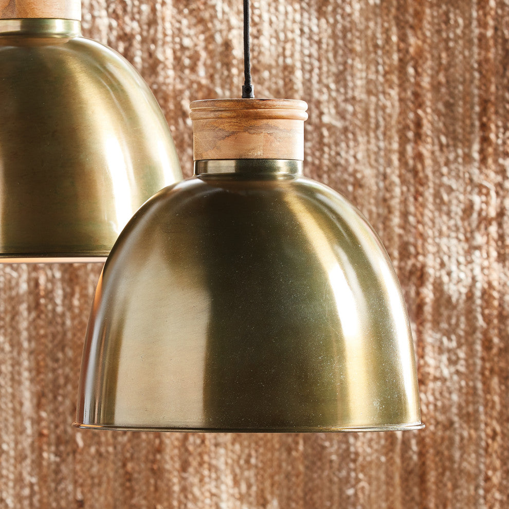 Classic Antique Brass Gold 1 Light Dome Pendant Metal Wood Minimalist