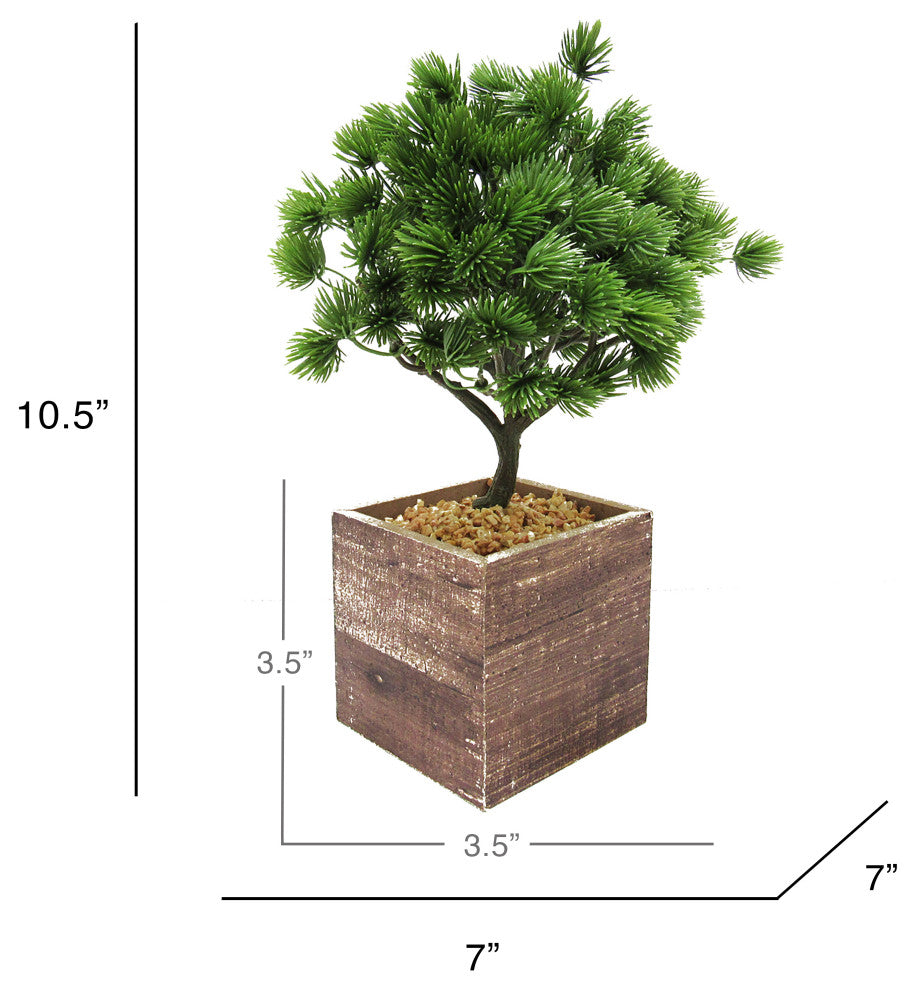 Artificial Desktop Pine Bonsai Tree, Square Wood Pot 10.5"