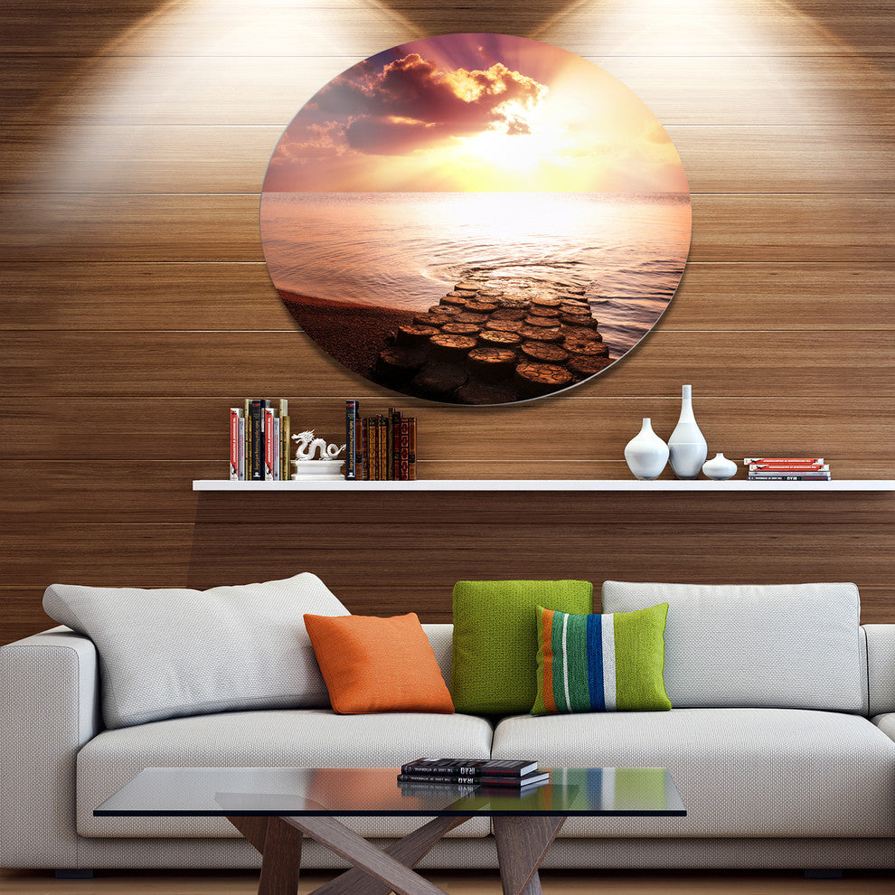 Stunning Beach With Old Bridge, Seashore Round Wall Art, 11"