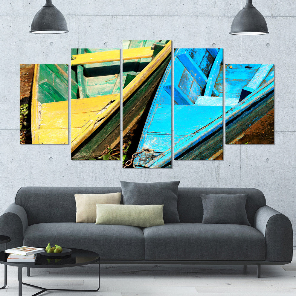 Wooden Boats on Lake Phewa, Boat Canvas Art Print, 60"x32", 5 Panels
