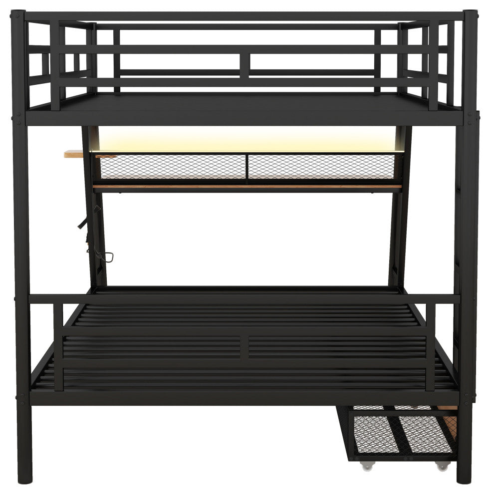 Gewnee Full Size Metal Bunk Bed with Built-in Desk, Light and 2 Drawers, Black