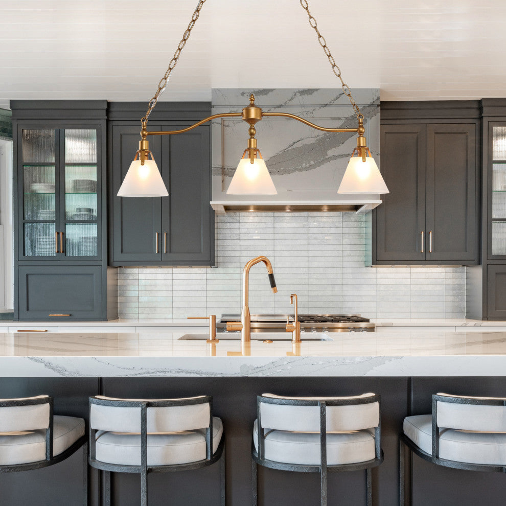 LNC Modern 3-Light Distressed Gold Linear Kitchen Island Chandelier
