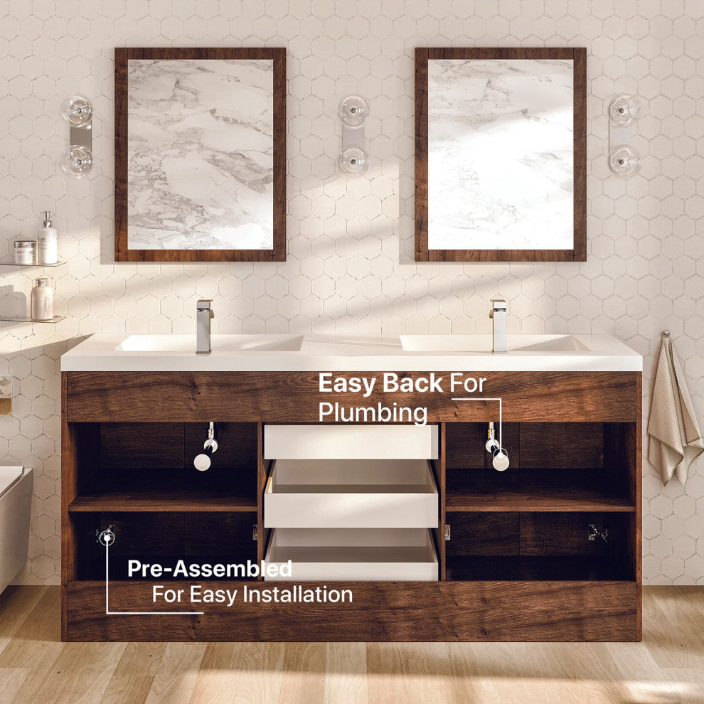 Eviva Lugano 72" Rosewood Modern Double Sink Bathroom Vanity w