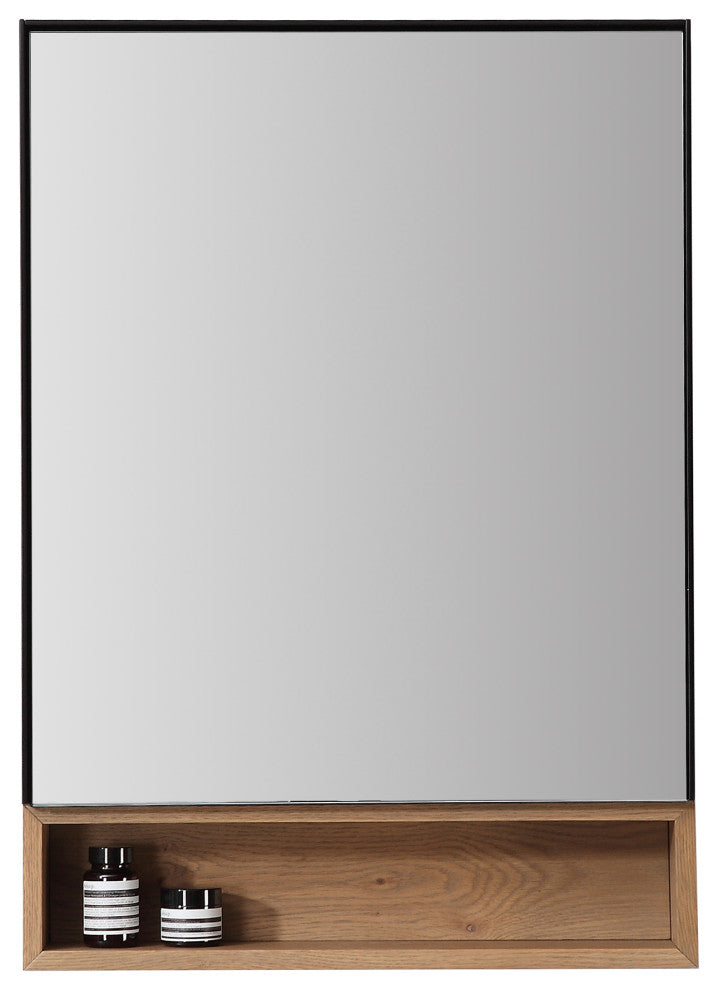 Bergen Modern Medicine Cabinet, Matte Black Frame, Pecan Oak Shelf, 24"