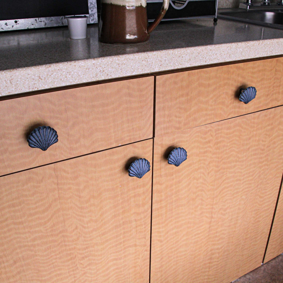 Set of 6 Blue Cast Iron Scallop Sea Shell Drawer Pulls Nautical Cabinet Knobs