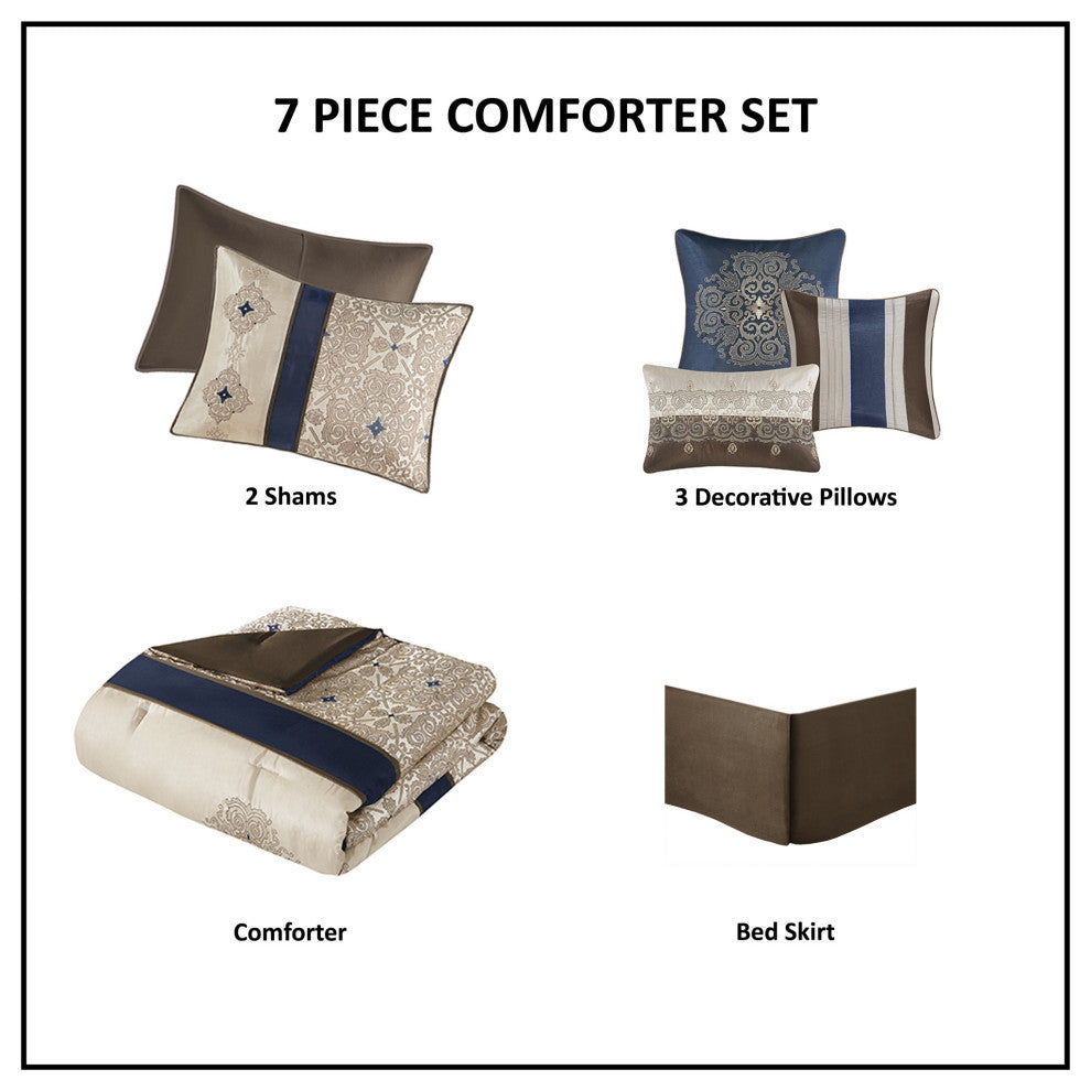 Madison Park Donovan Jacquard Medallion 7-Piece Comforter Set, Navy Blue, Queen