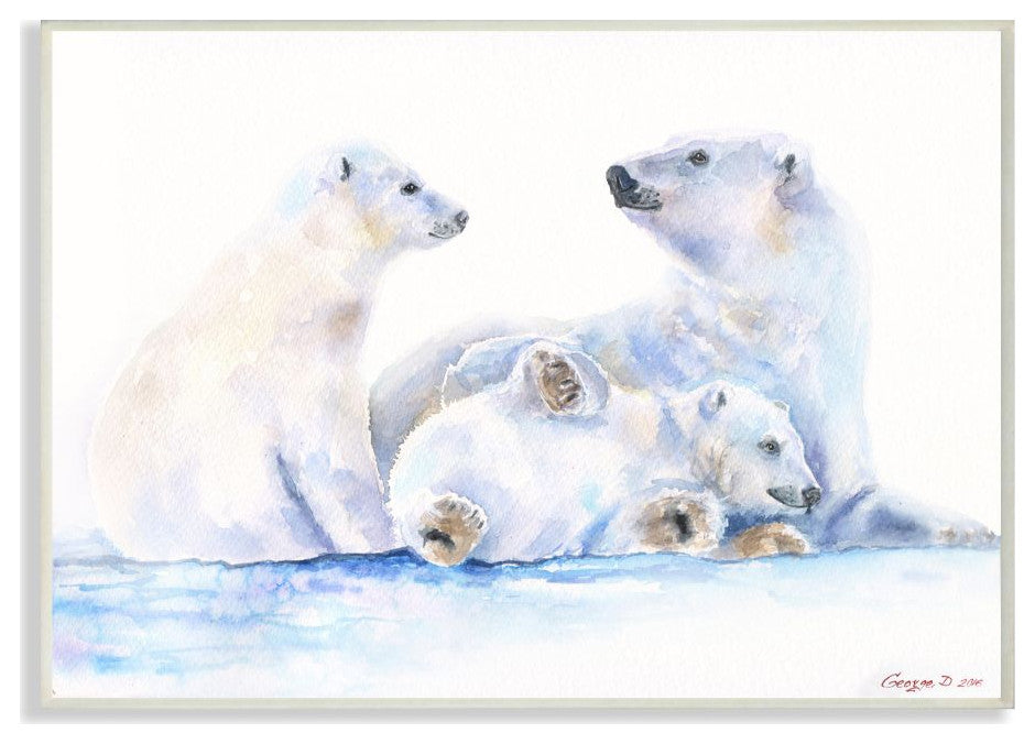 Cute Polar Bear Family Animal Blue Watercolor Painting, 10"x15"