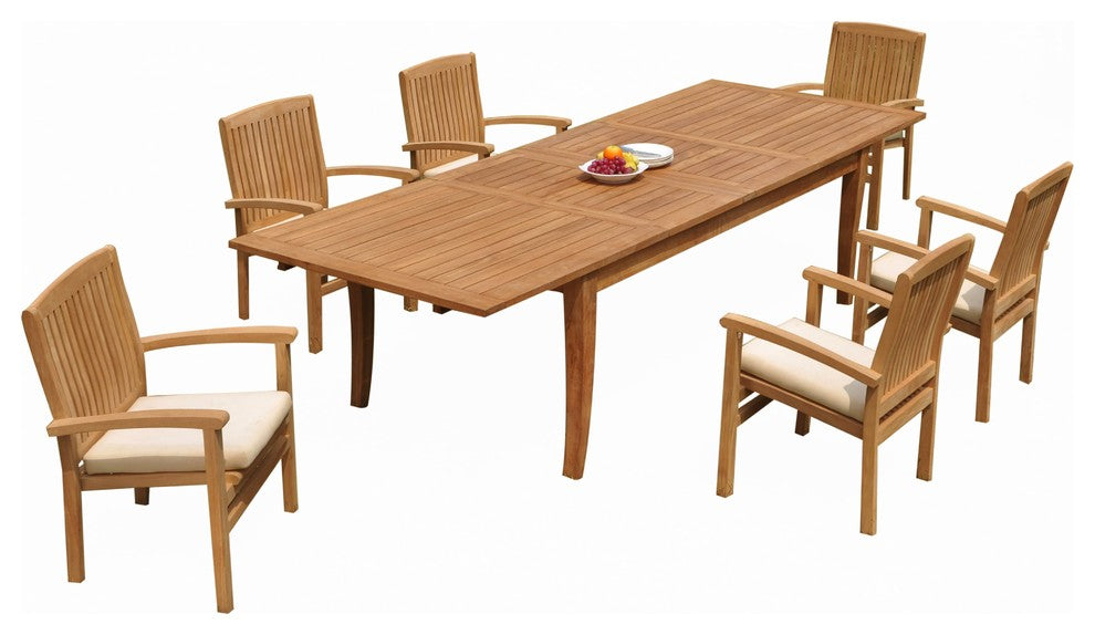 7-Piece Teak Dining Set: 122" X-Large Rectangle Table, 6 Wave Stacking Chairs