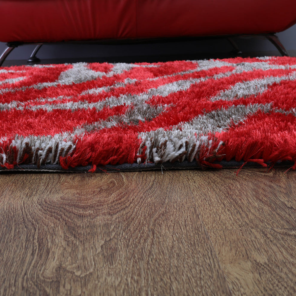 HAND TUFTED SHAG POLYESTER ECO-FRIENDLY AREA RUG,Red&Beige Color,Abstract Design