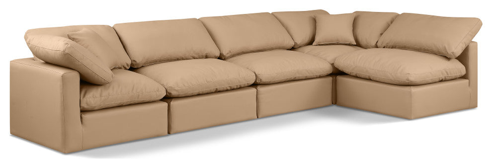 Indulge Upholstered Modular L-Shaped Sectional, Tan, 5-Piece: 3 Armless Chair, 2 Corner Chair, Fiber Stuffed Vegan Leather